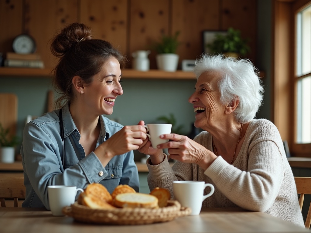 A caregiver sharing tea and a laugh with a resident at the kitchen table