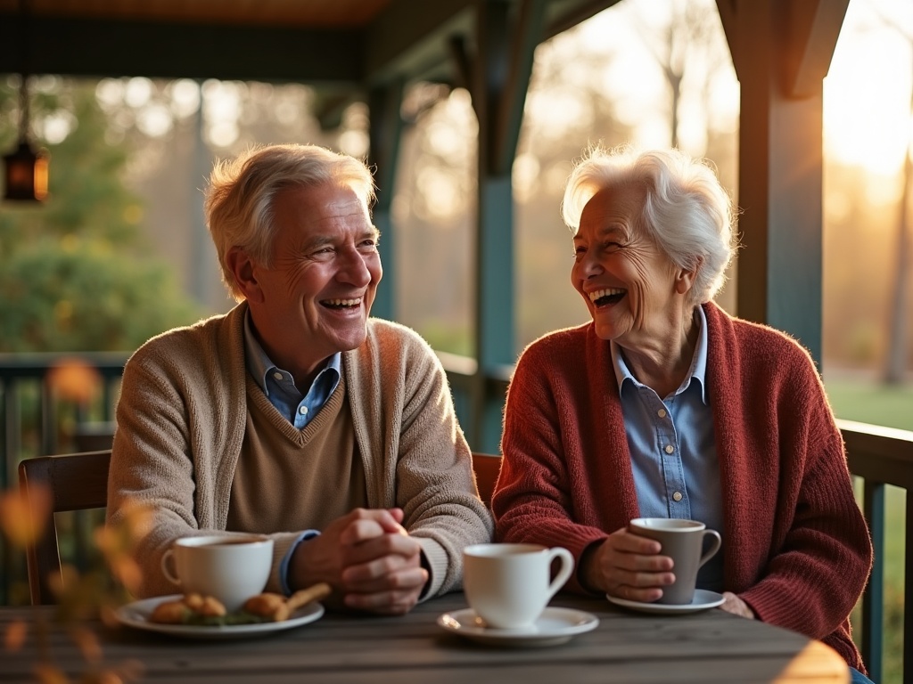 A couple enjoying morning coffee together on the porch