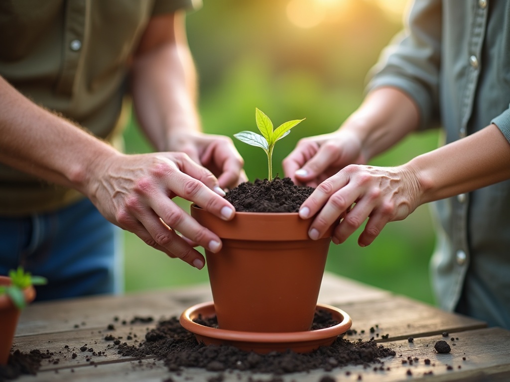 An elder's hands and a caregiver's hands planting a seedling together