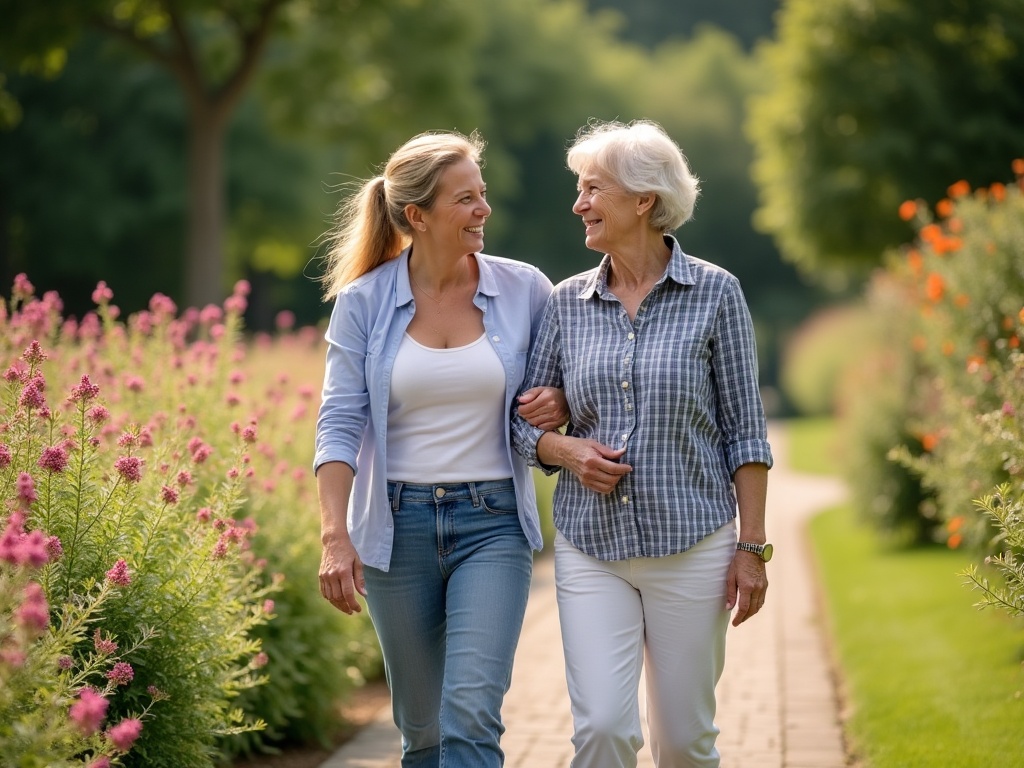 An adult daughter walking arm in arm with her mother through the garden